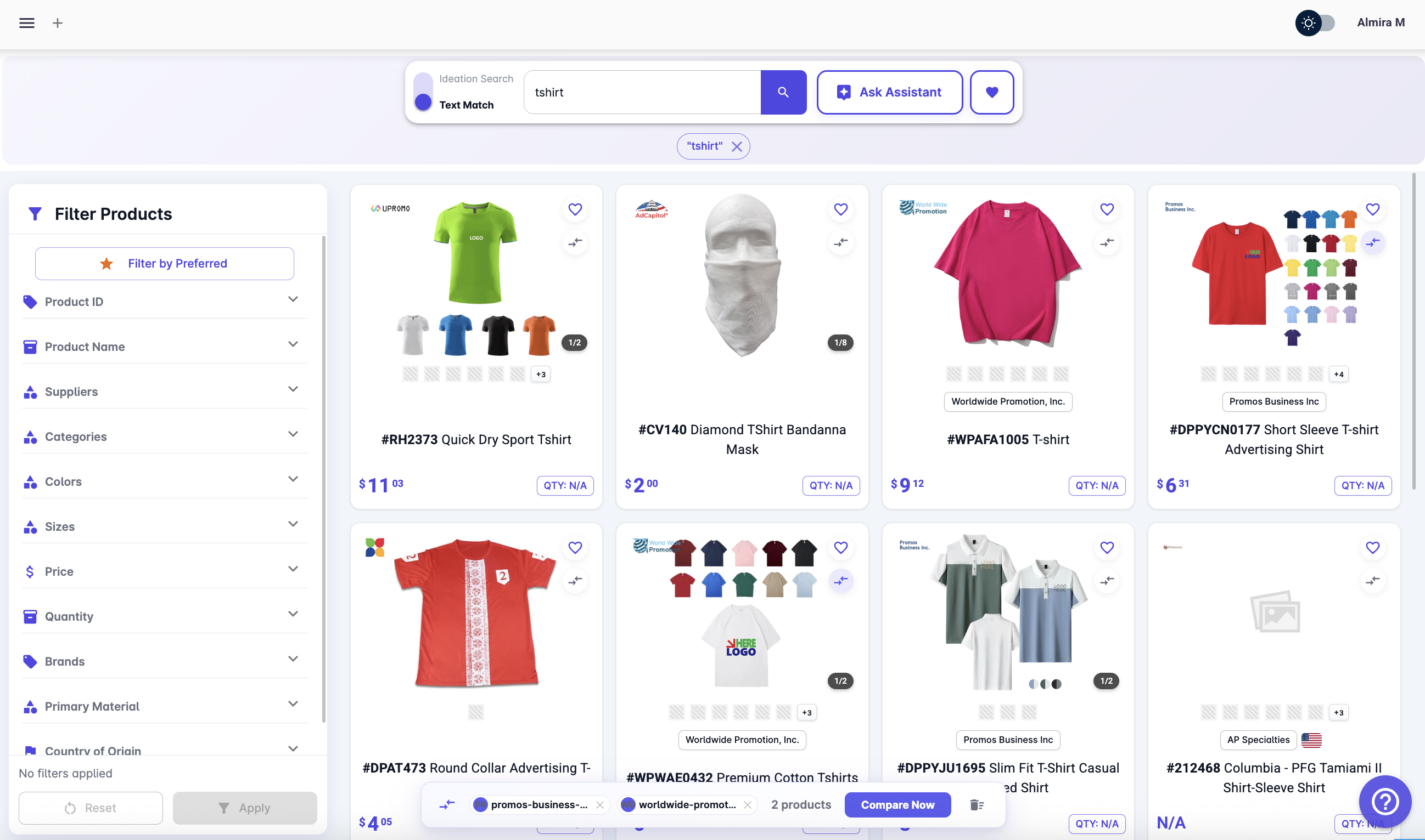 PromoLink Supplier Index product search results with live pricing, inventory levels, and decoration details