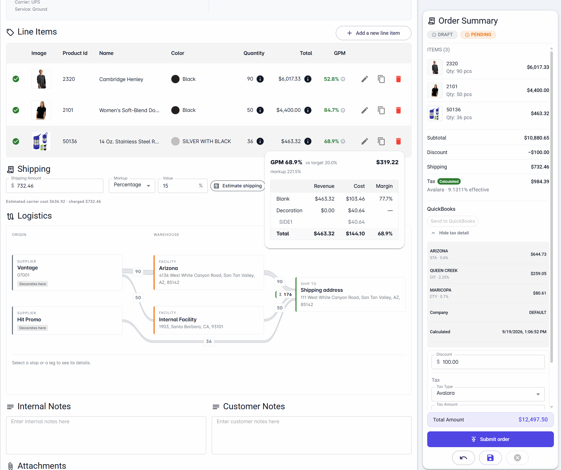 Sales order screen: line items with quantity, total and gross margin per line, a shipping amount beside the estimated carrier cost, a margin breakdown splitting blank and decoration cost, a logistics map routing each line from its supplier through a facility to the ship-to address with the quantity on every leg, and an order summary with calculated tax.